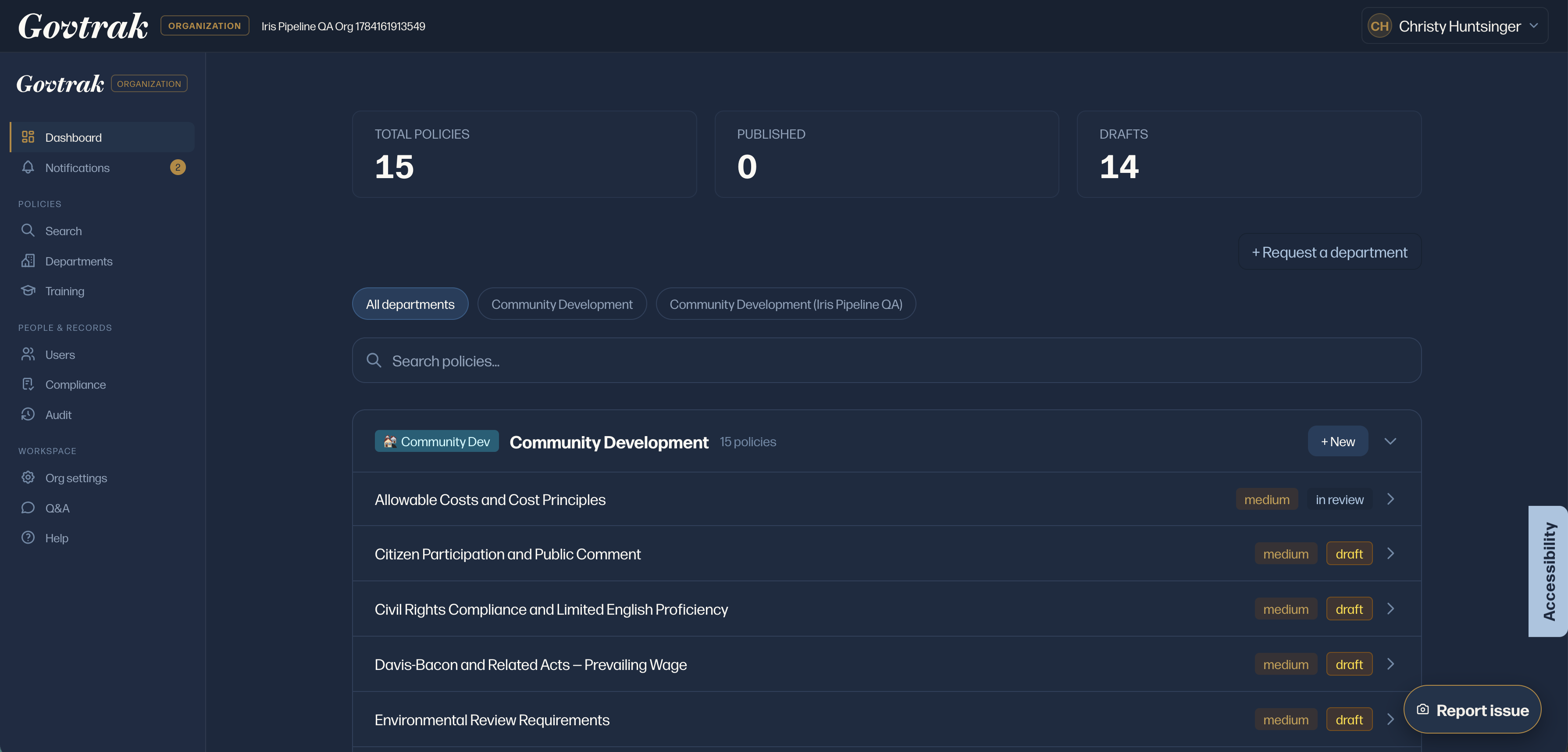 Govtrak dashboard showing acknowledgment tracking by version and department
