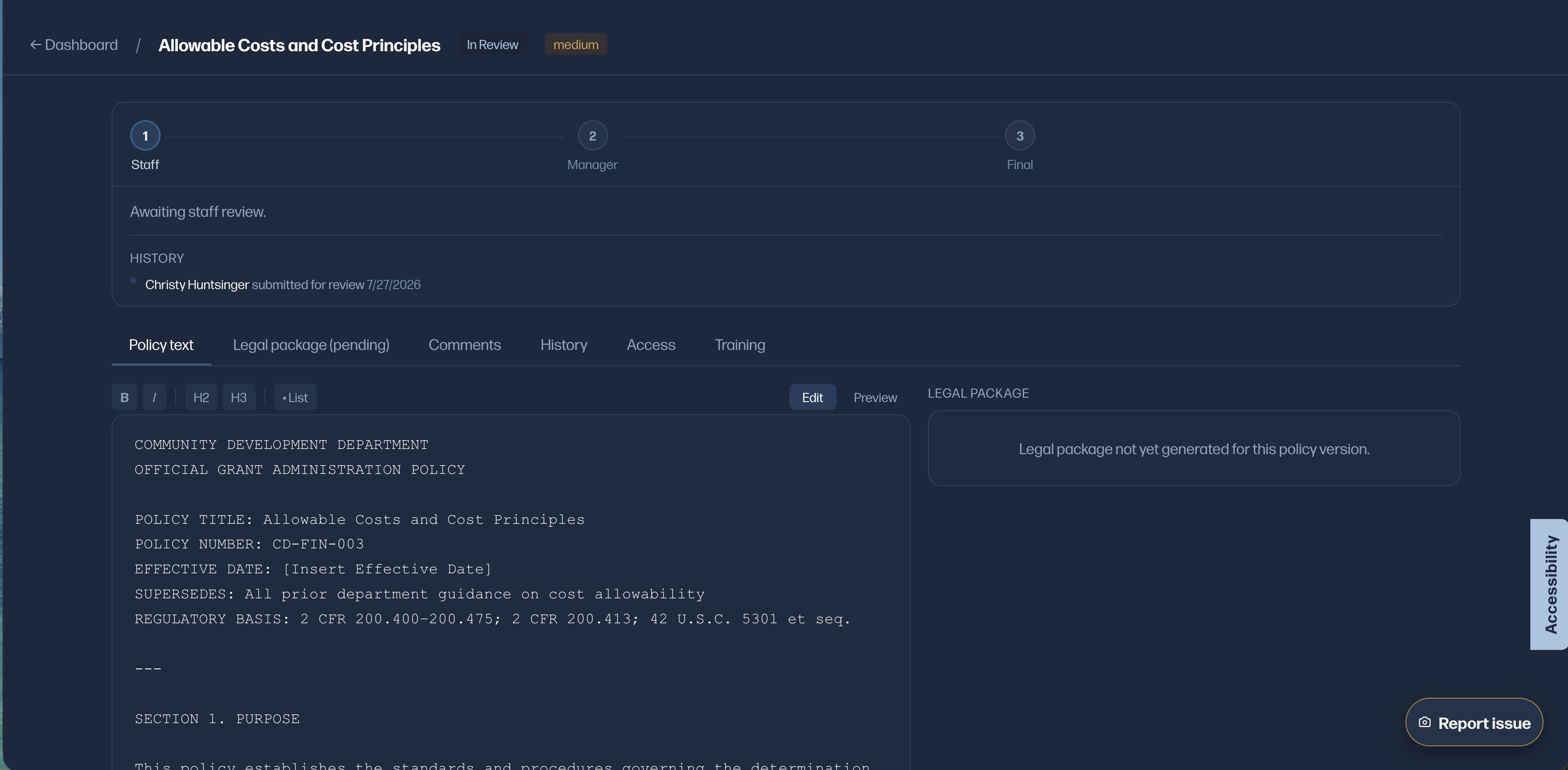 Govtrak policy review workflow showing tracked changes and the approval chain